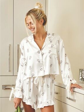 Womens White Ring Print Satin Pajama Set - Brand: Bella Sleep + Spa